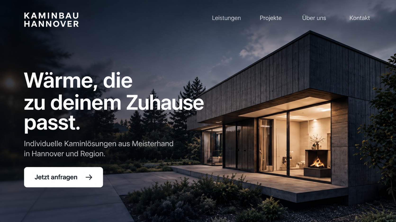 Website-Beispiel mit modernem Wohnhaus und Kamin
